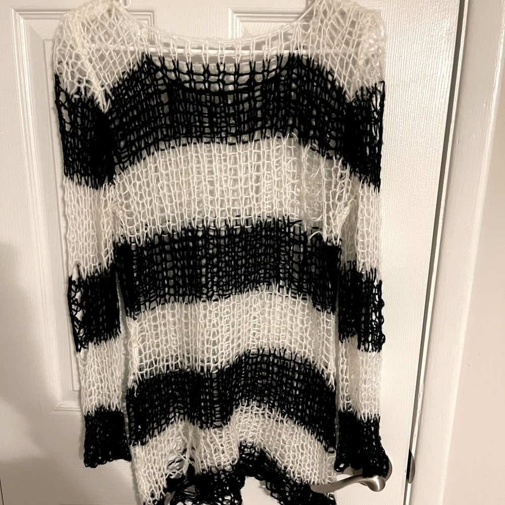 Punk Rave Black and White Striped Distressed Mohair Sweater.